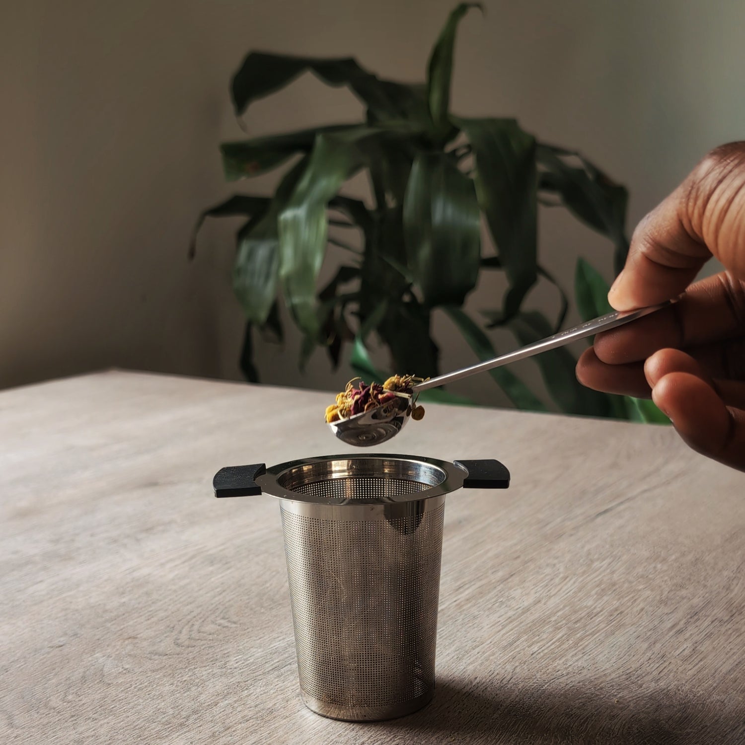 Person using a spoon to add tea leaves into a metal tea infuser on a wooden surface with a plant in the background.